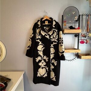 Farm Rio Black and Cream Embroidered Coat